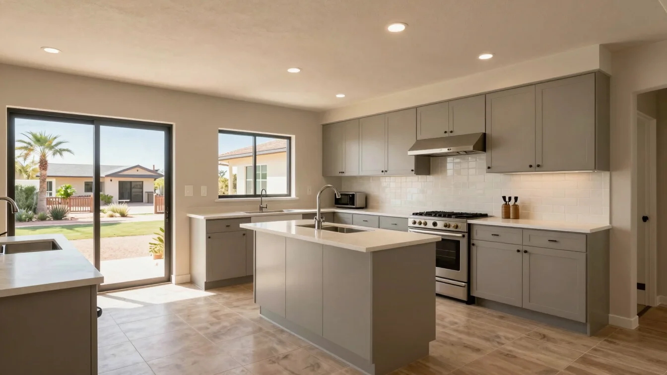 Interior kitchen with neutral cabinetry and soft morning daylight, wide-angle framing, clear realistic colour