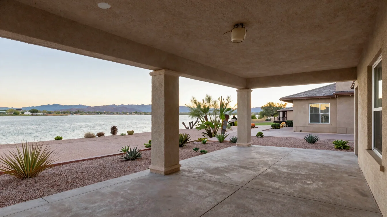 Covered patio with desert landscaping and view toward the lake, soft late-afternoon Arizona light, wide framing