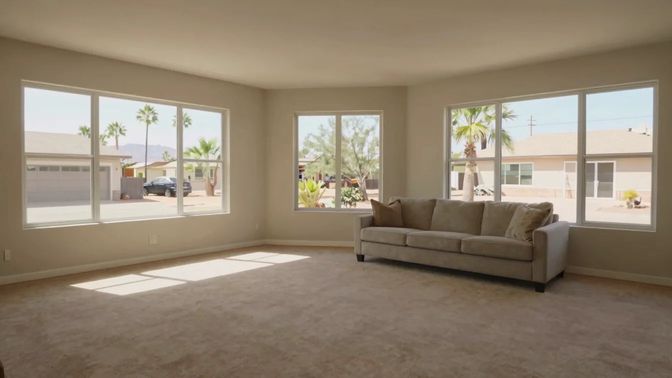 Interior living room with soft natural daylight through large windows, neutral warm tones, wide-angle framing, verifiabl