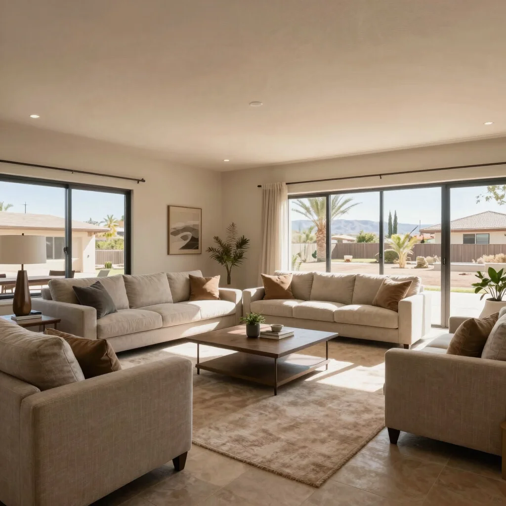 Interior living room with soft natural daylight, wide-angle frami