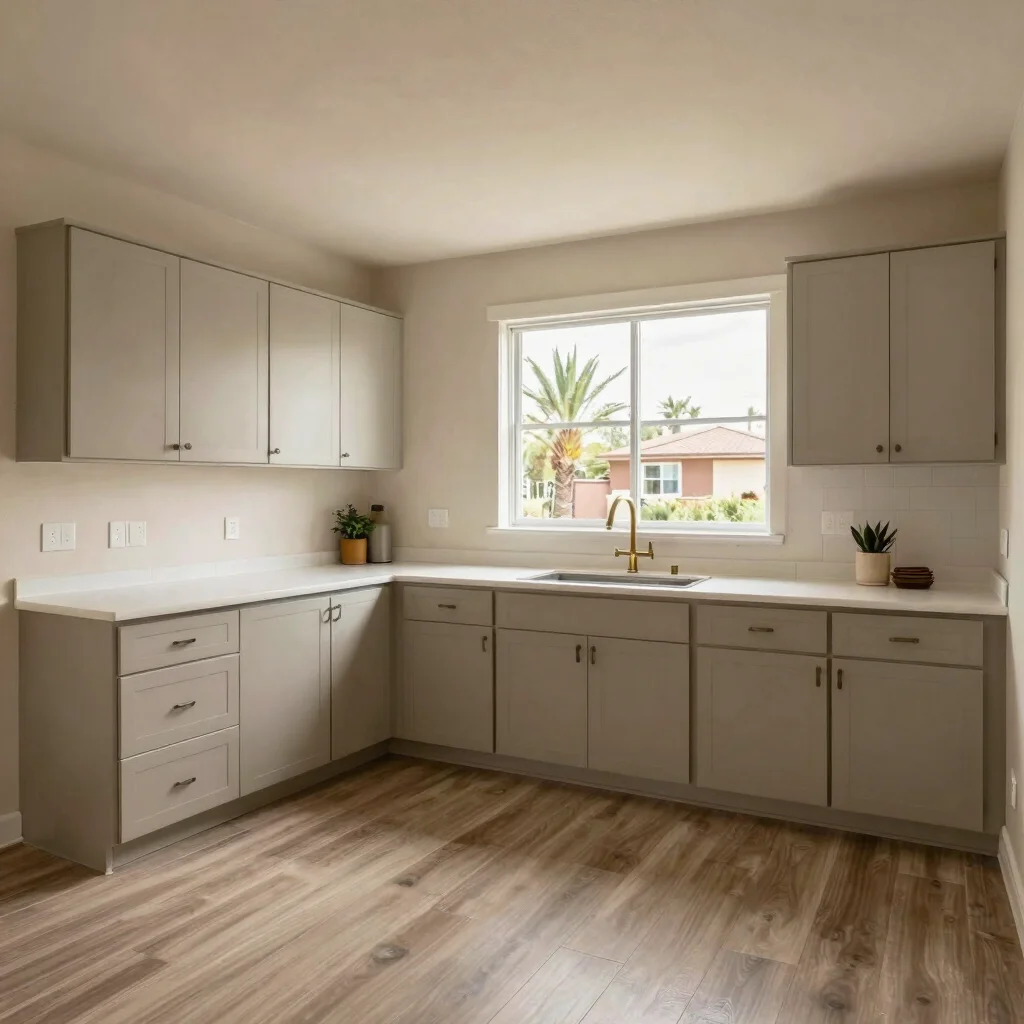 Kitchen layout with neutral cabinetry and window light, wide-angl