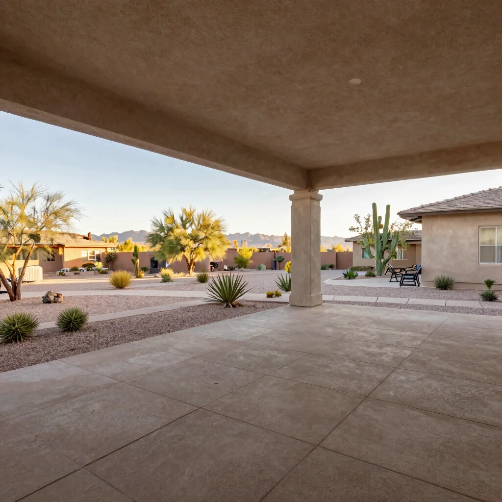 Covered patio with desert landscaping, soft late-afternoon light