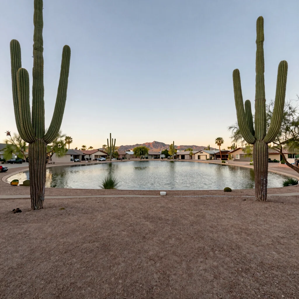 Backyard view toward the community lake at golden hour, palo verd
