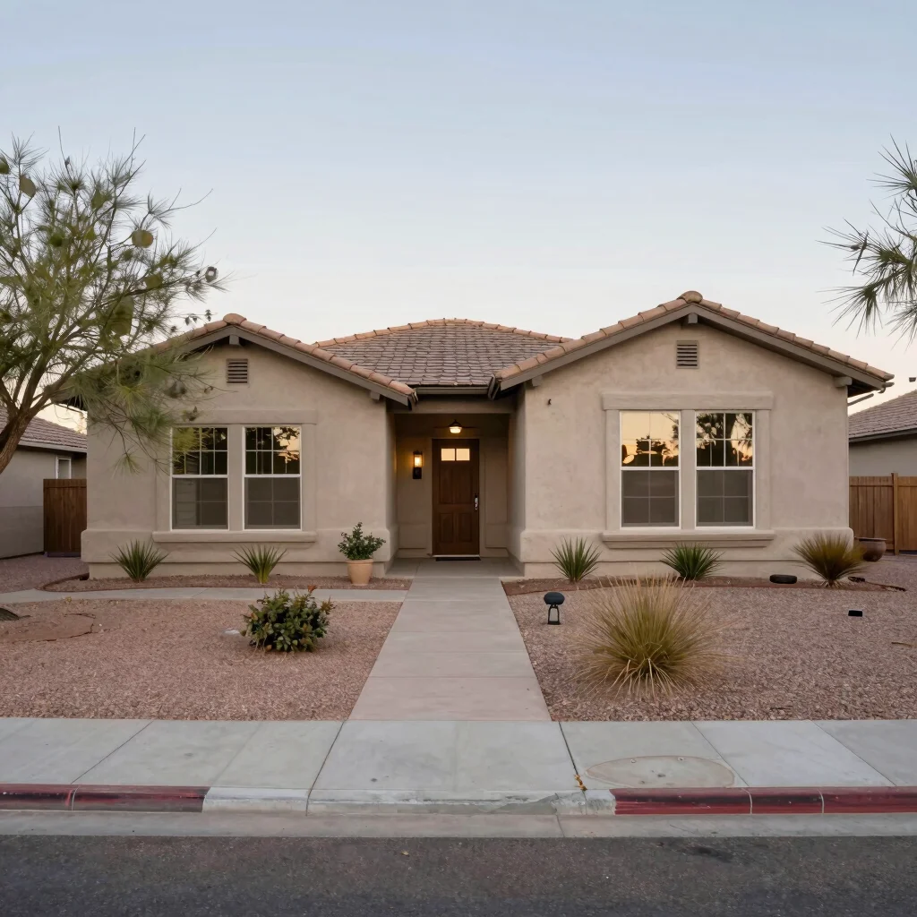 Exterior front of the home with stucco facade and desert landscap